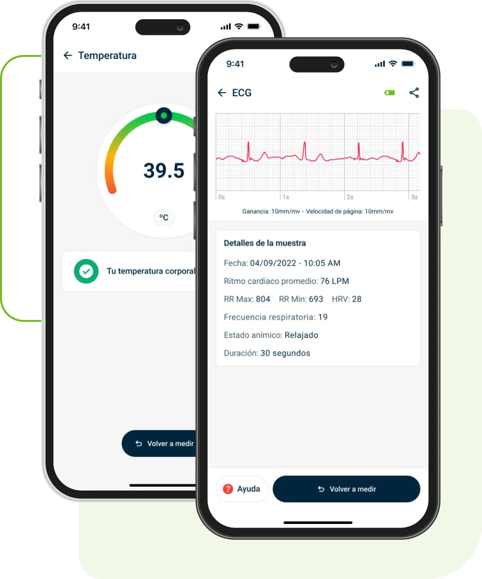 La app de YANO mostrando temperatura corporal y electrocardiograma